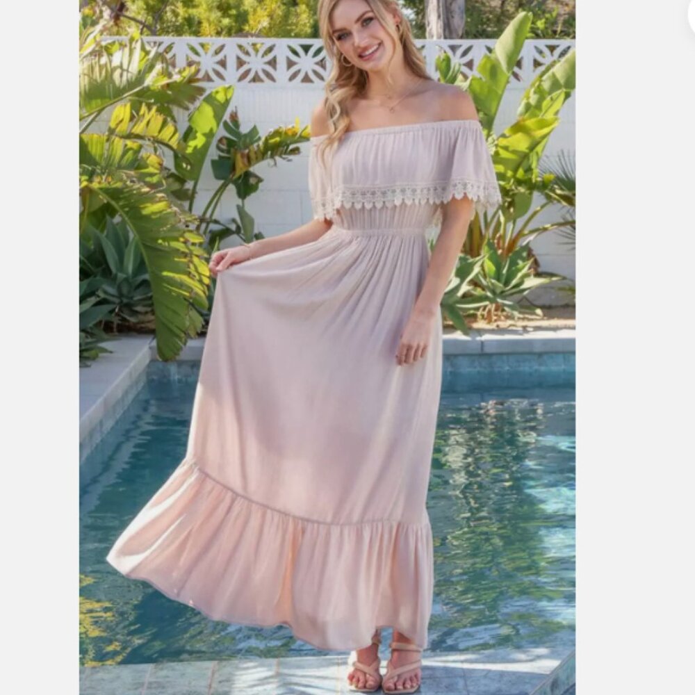 Ninexis Off Shoulder Flowy Maxi Dress with Pockets
